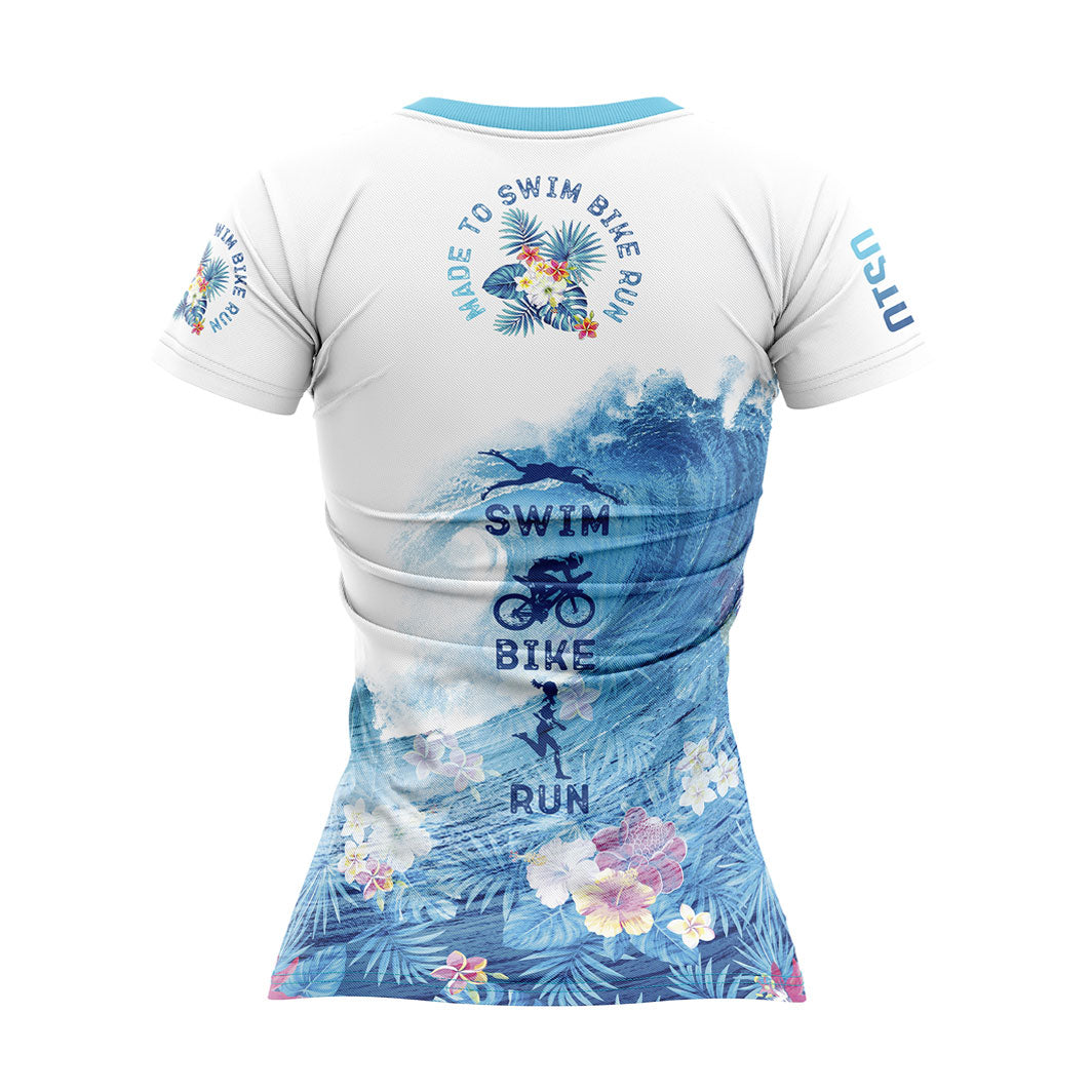 T-shirt de manga curta para mulher - Swim Bike Run Wave