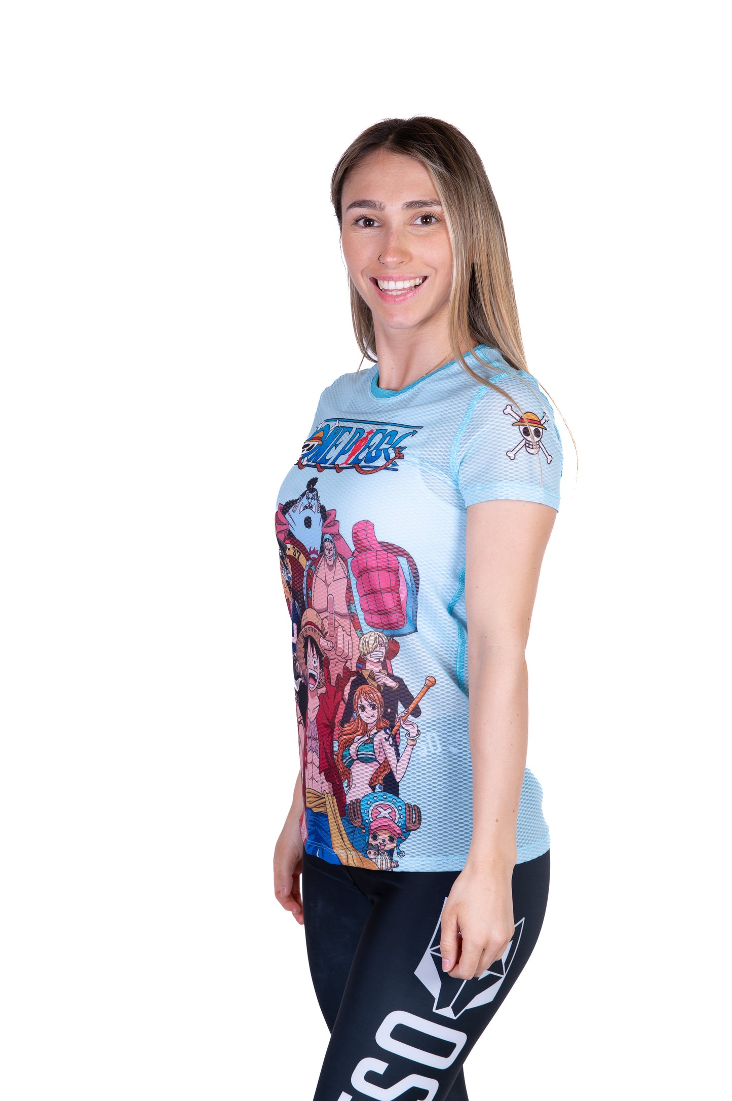 T-shirt de manga curta para mulher - One piece fishman straw hat crew turquoise