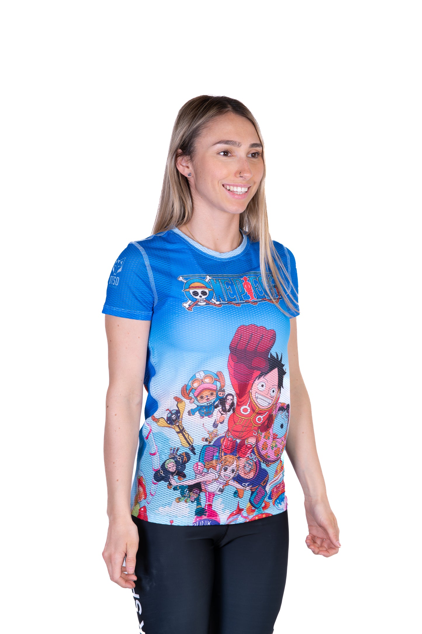 T-shirt de manga curta para mulher - One piece egghead luffy straw hat crew blue