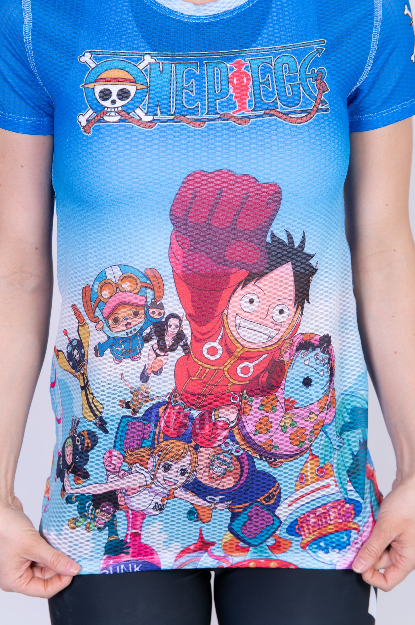 T-shirt de manga curta para mulher - One piece egghead luffy straw hat crew blue