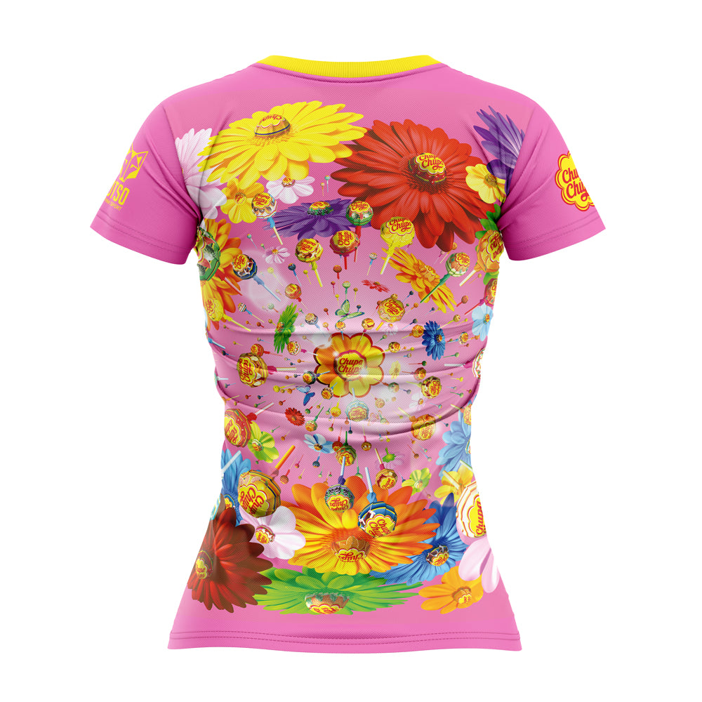T-shirt Donna In Cotone Fiammato 100% – Stampa “Chupa” Multicolor – Girocollo, Manica Con Risvolto – Prodotta Su Ordinazione
