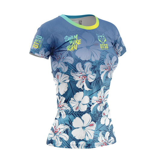 Camiseta manga curta feminina - Swim Bike Run Flower