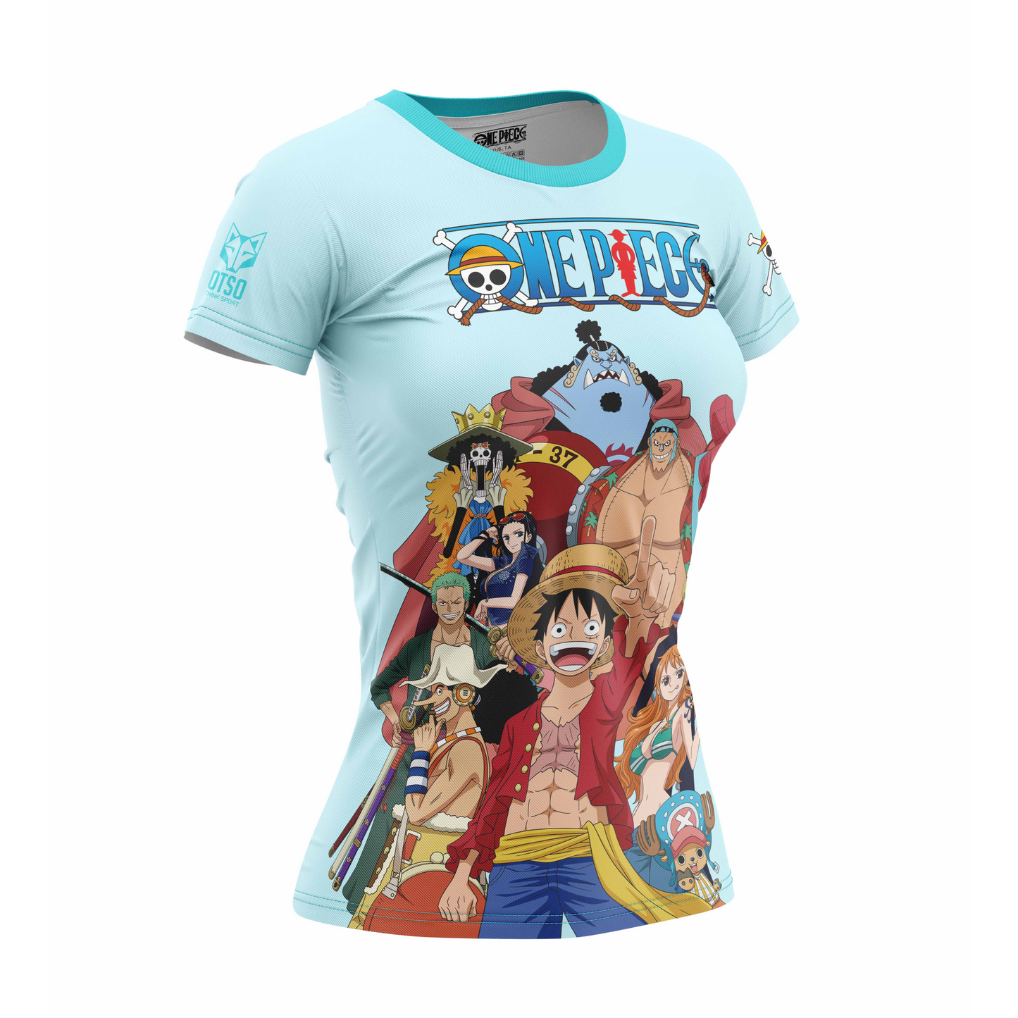 T-shirt de manga curta para mulher - One piece fishman straw hat crew turquoise