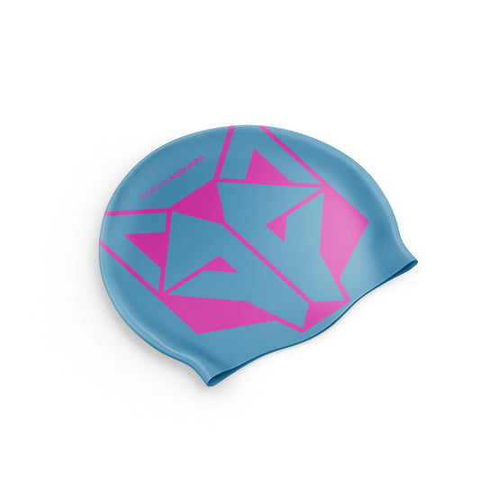 Touca de natação azul claro e rosa fluorescente