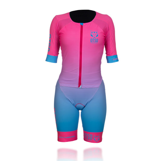 Fato feminino de triatlo rosa fluo e azul claro